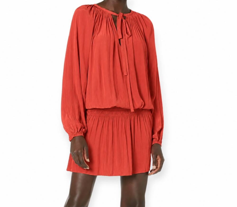 Ramy Brook Long Sleeve Paris Blouson Mini Dress In Dark Coral Orange